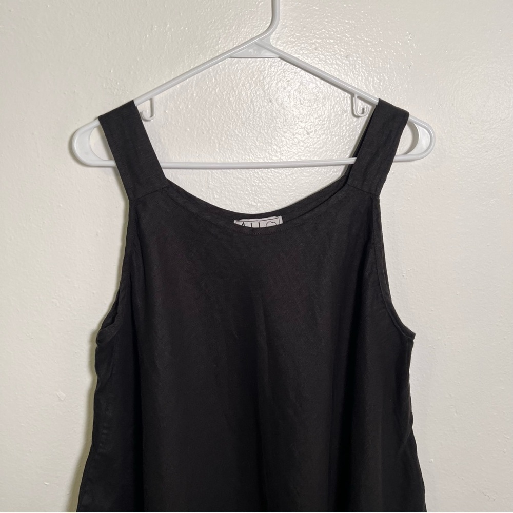 Ali Designer Women's Sleeveless Swing Tunic Mini Dress Black V-Neck Linen A-Line - Picture 2 of 8